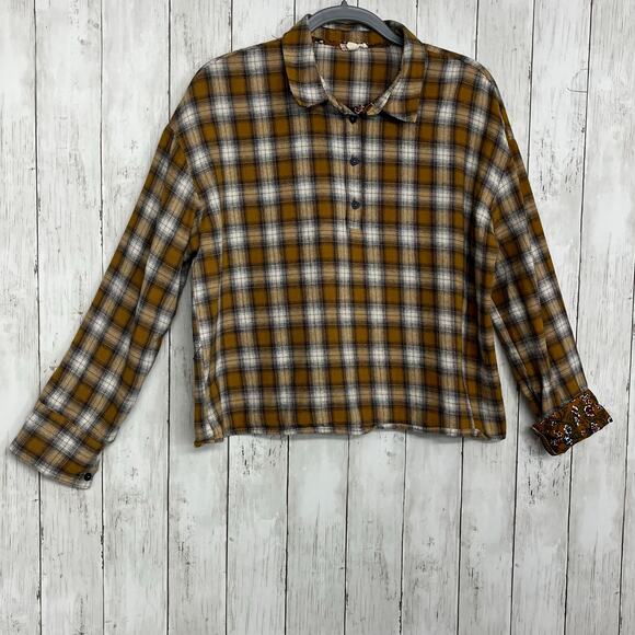 Hem & Thread Plaid 3/4 Button Floral Roll Cuff Collared Fall Autumn Shirt Large - Picture 3 of 9